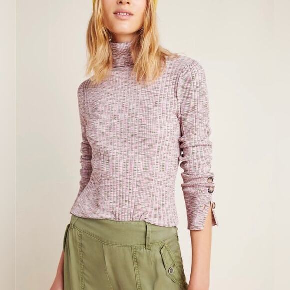 Anthropologie Ribbed turtleneck Top lightweight pink green stripe buttons M - Picture 1 of 13